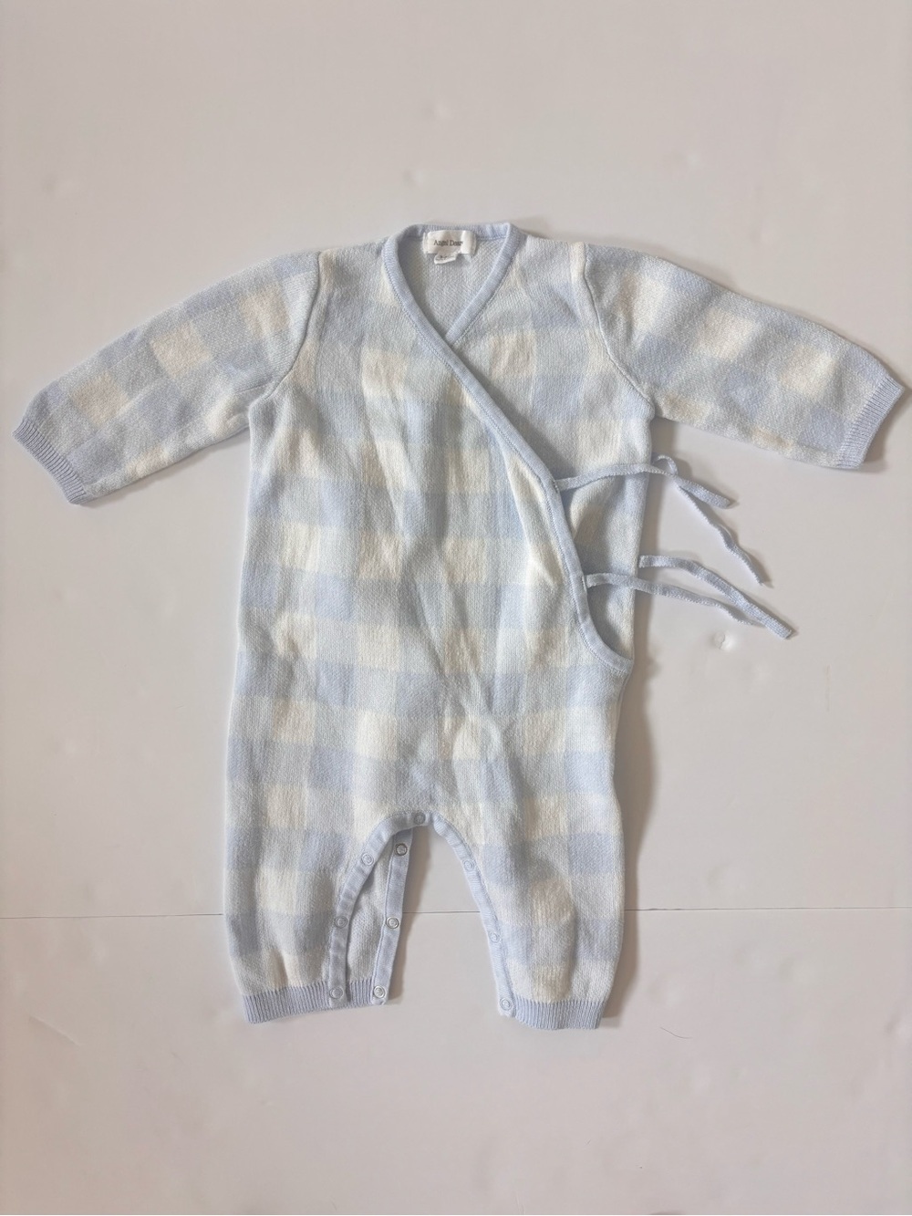 Angel Dear Baby Blue Gingham Knit Wrap Romper 3-6M Cotton